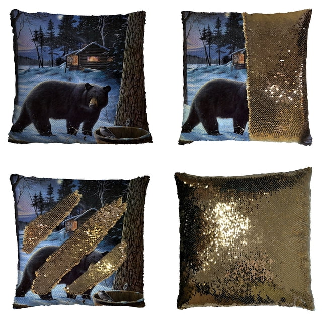 ABPHQTO Winter Bear Reversible Sirena Lentejuelas Funda de almohada Decoración para el hogar Funda de cojín 45x45 cm