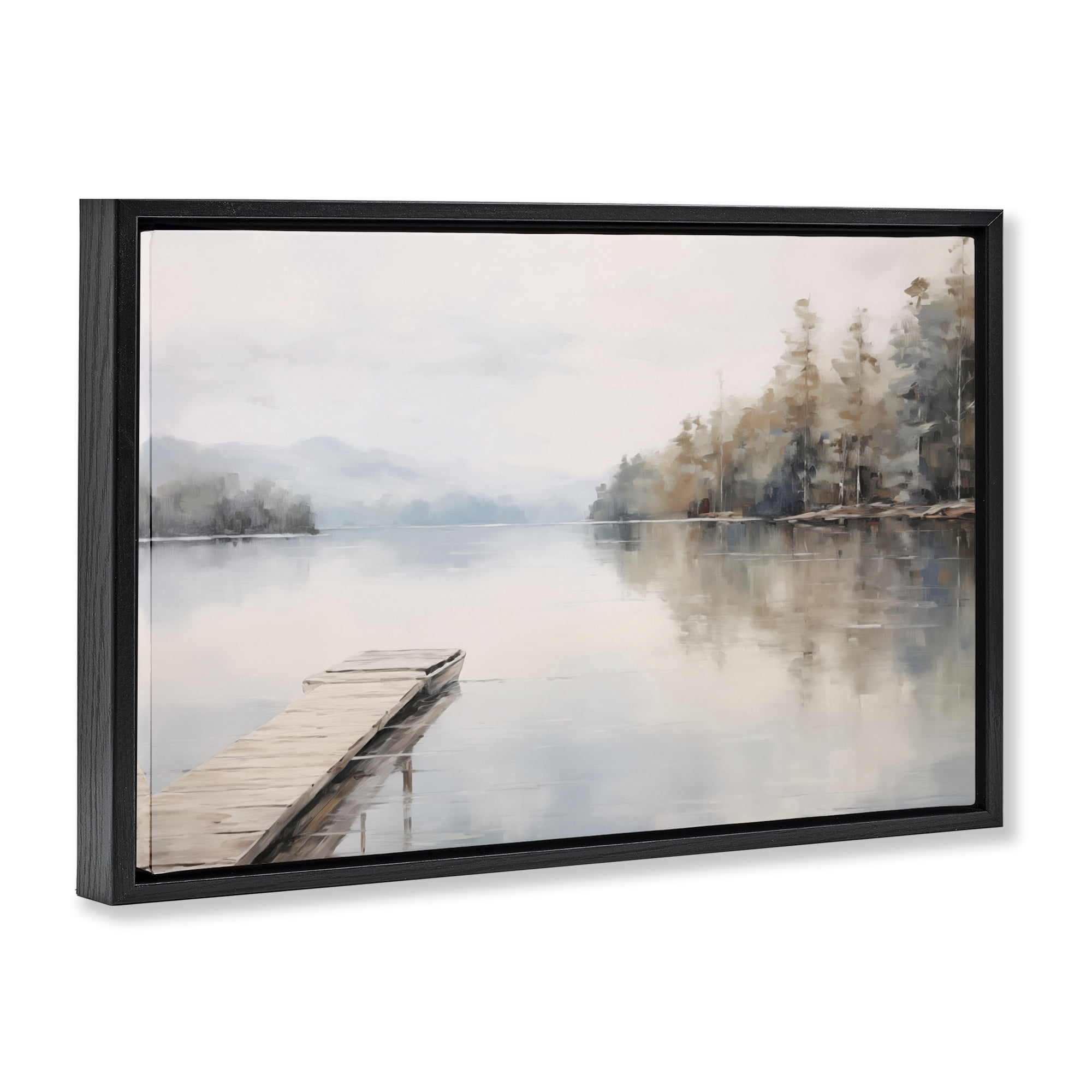 Stupell Industries Old Lake Dock View Landscape & Nature Painting Black Floater Framed Canvas Art Print Wall Art, 25 x 17
