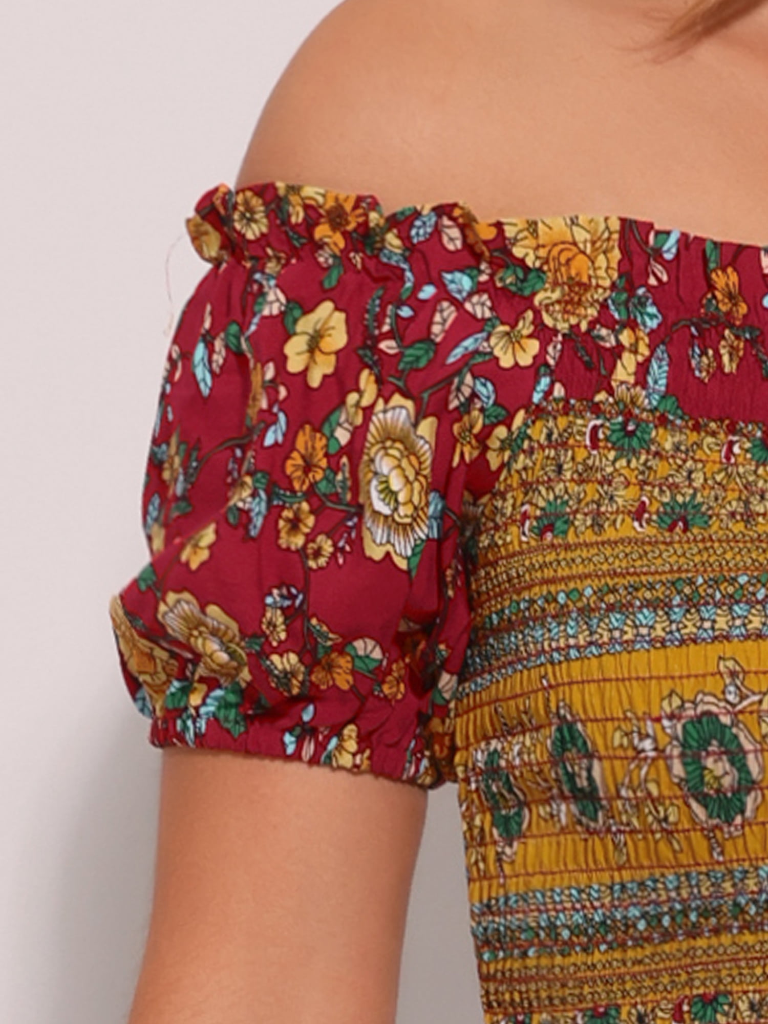 DARING DIVA Boho Floral Dress Midi Smocked Dress M Red