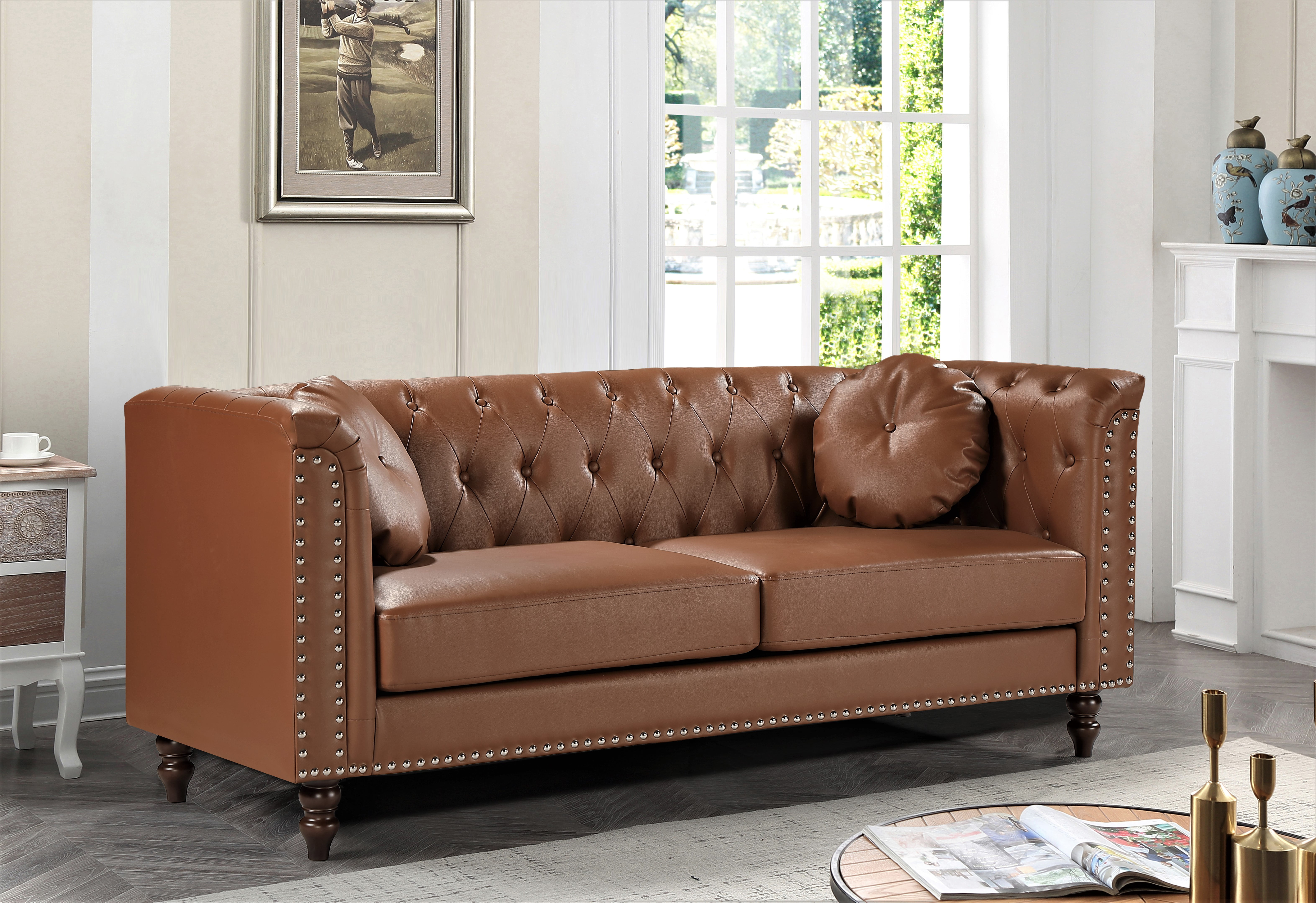 Uspridefurniture Jacqueline Sofa, Brown Faux Leather