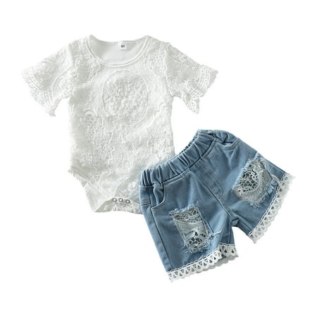 

DNDKILG Newborn Infant Baby Toddler Girl Bodysuit and Denim Shorts Set Outfits Clothing Set Short Sleeve Summer Lace White 0-2Y
