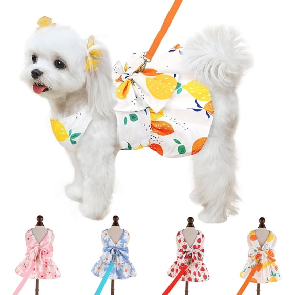 Newborn Brand Dog Dress Harness with Leash Set, Adjustable Puppy Dress for Small Dogs,No Choke No Pull Soft Mesh Vest,Orange Lemon Pattern,XS