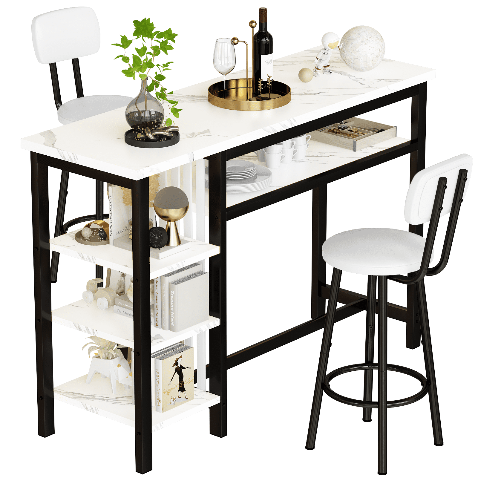 BAXLUXE Bar Table and Chairs Set for 2,Small Dining Table with Storage,Faux Marble High Kitchen Bar Table Breakfast Nook Set Eating Table, White
