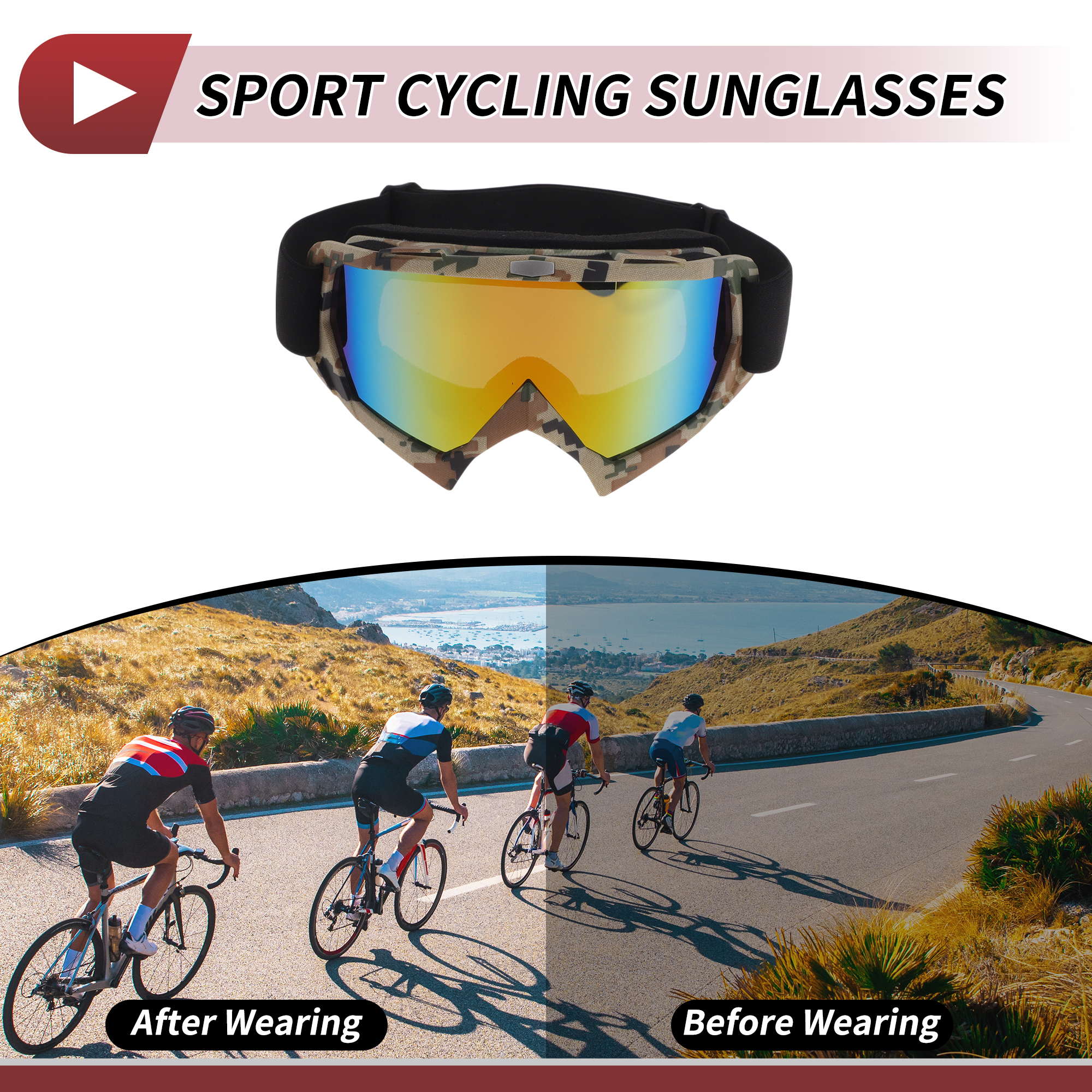 Unique Bargains Motorcycle Riding Goggles PC Cycling Sunglasses Colorful Lens Camouflage Frame