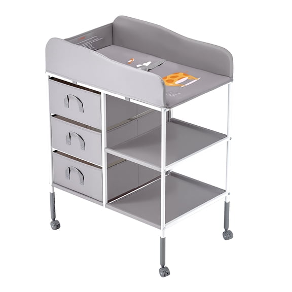 KFFKFF Portable Diaper Changing Table with Adjustable Height, Storage Organizer, Lockable Wheels, and 3 Fabric Drawers, Gray