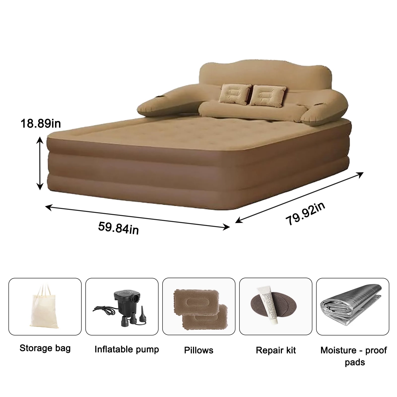 ManyFun Air Mattress Queen  with Headboard,18in Inflatable with Built-in Pump, Comfort Air Bed Queen for Camping & Home Brown