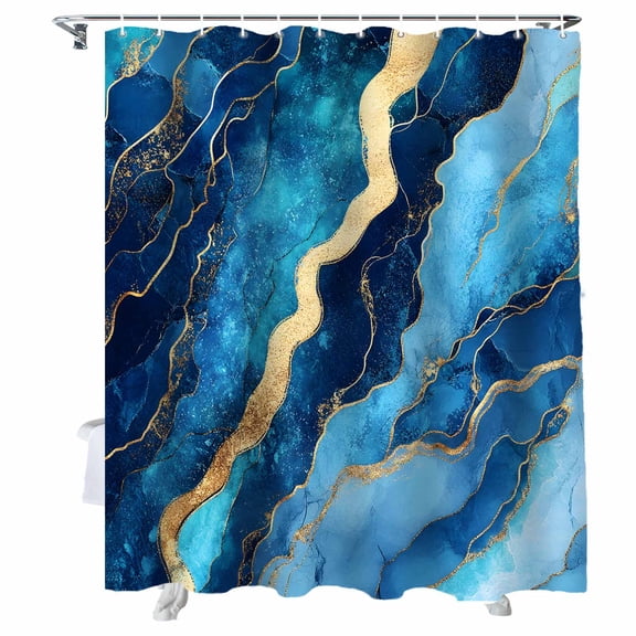 Shower Curtains Ombre Blue Golden Marble Texture Bath Curtain Abstract Lines Art Waterproof Bathroom Shower Curtain Set with Hooks Decoration 36 x 72 Inches