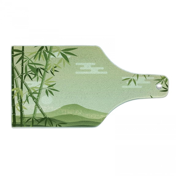 Green Leaf Cutting Board, Abstract Bamboo Trees in Japanese Forest Botanical Oriental Outdoors, Tempered Glass Cutting and Serving Board, Wine Bottle Shape, Lime Green Pale Green, by Ambesonne