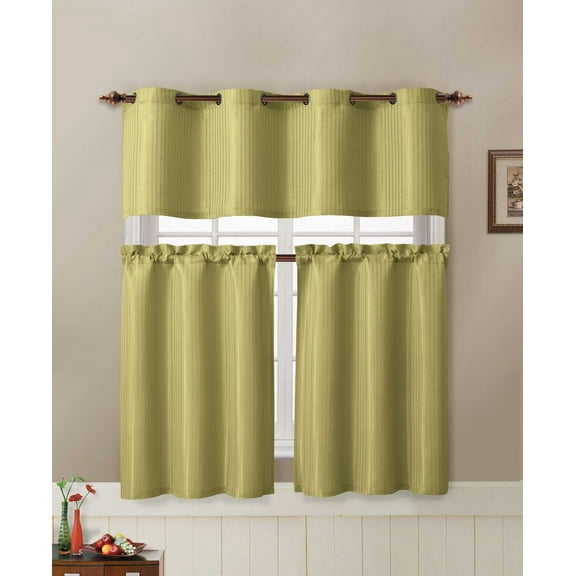 Sage Jacquard Kitchen Window Curtain Set : 2 Rod Pocket Tier Panel Curtain, 1 Valance with Metal Grommet