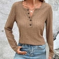 thumbnail image 2 of WREESH Womens Fashion T-Shirts V Neck Solid Color Pullover Regular Fit Button Henley Long Sleeve Tops Button Casual T-Shirt Top Blouse Brown, 2 of 9