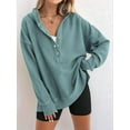 thumbnail image 6 of Women'S Oversized Long Sleeve Hoodie Button-Down V-Neck Sweatshirt Side Slit Casual Pullover Top Peacock Green M, 6 of 9