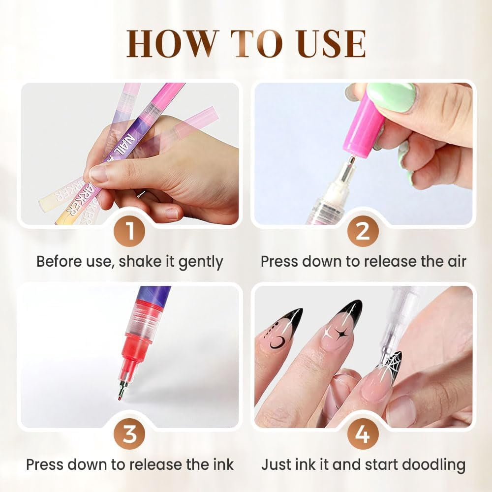 12 Colors Nail Art Pens Set,Upgrade 0.5mm/0.01in Metal Needle Tip for Ultra-Fine Drawing & Doodling,Highly Pigmented Quick-Dry Formula,Eco-Friendly Water-Based Markers for 3D Nail Art & Manicure
