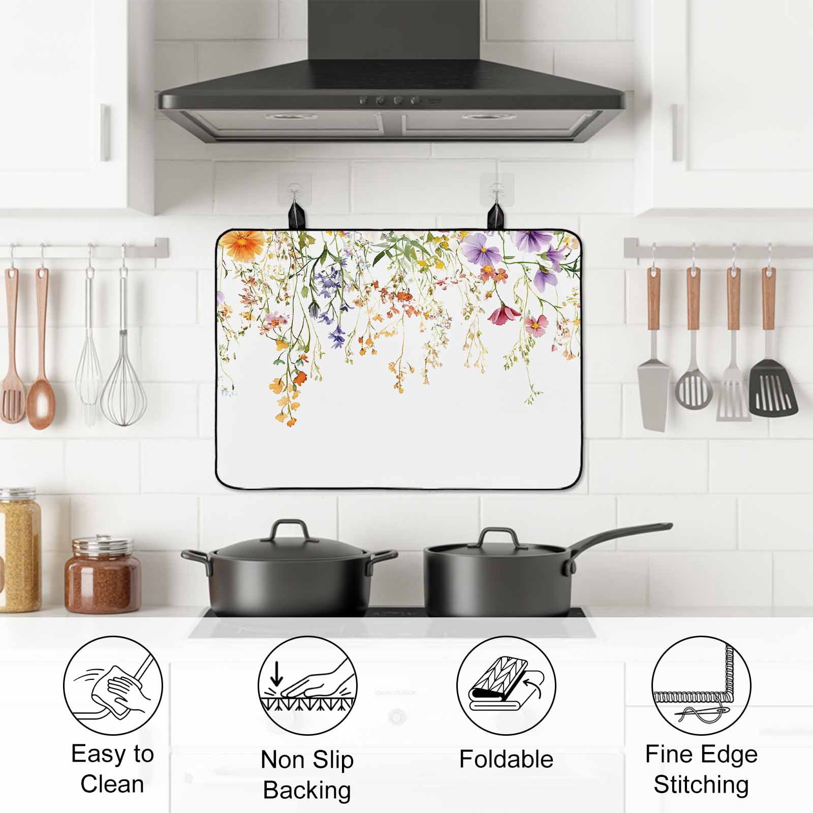 Spring Floral Stove Top Cover for Electric Stove, Heat-proof & Non Slip Glass Top Stove Cover Protector, Watercolor Leaves Wildflower Pastoral Kitchen Flat Cooktop Rubber Mat 24x21 Inches