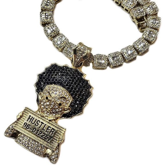 Hip Hop Jewelry Gold Plated Large HUEY HUSTLER Cubic Zirconia Charm Bling Pendant & 12mm 20" Iced Baguette Chain Necklace