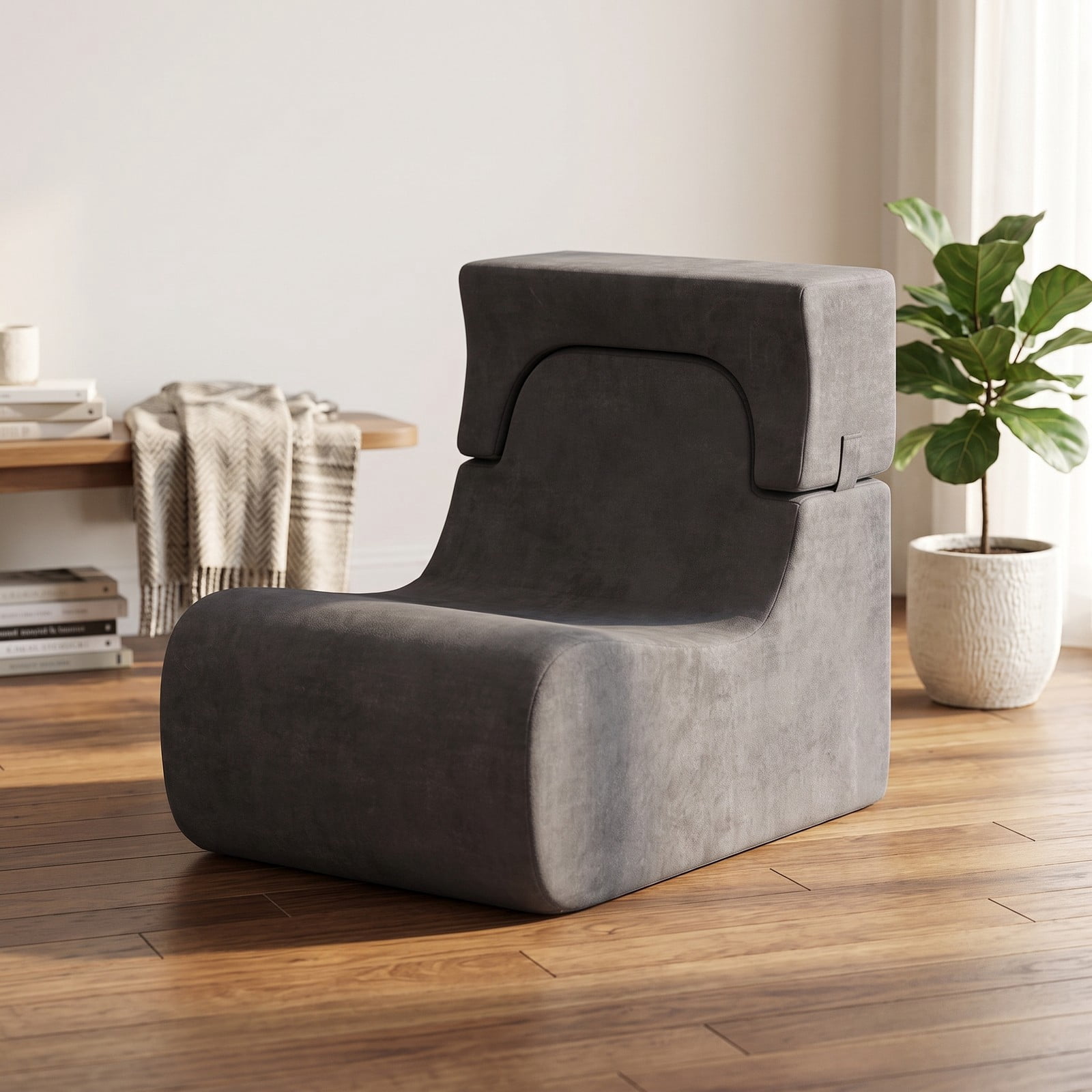 Furnibear Floor Chair Lazy Sofa with Detachable Headrest, Adjustable Padded Floor Gaming Sofa Chair, Foldable Ice Velvet Meditation Reading Seat for Living Room, Gray