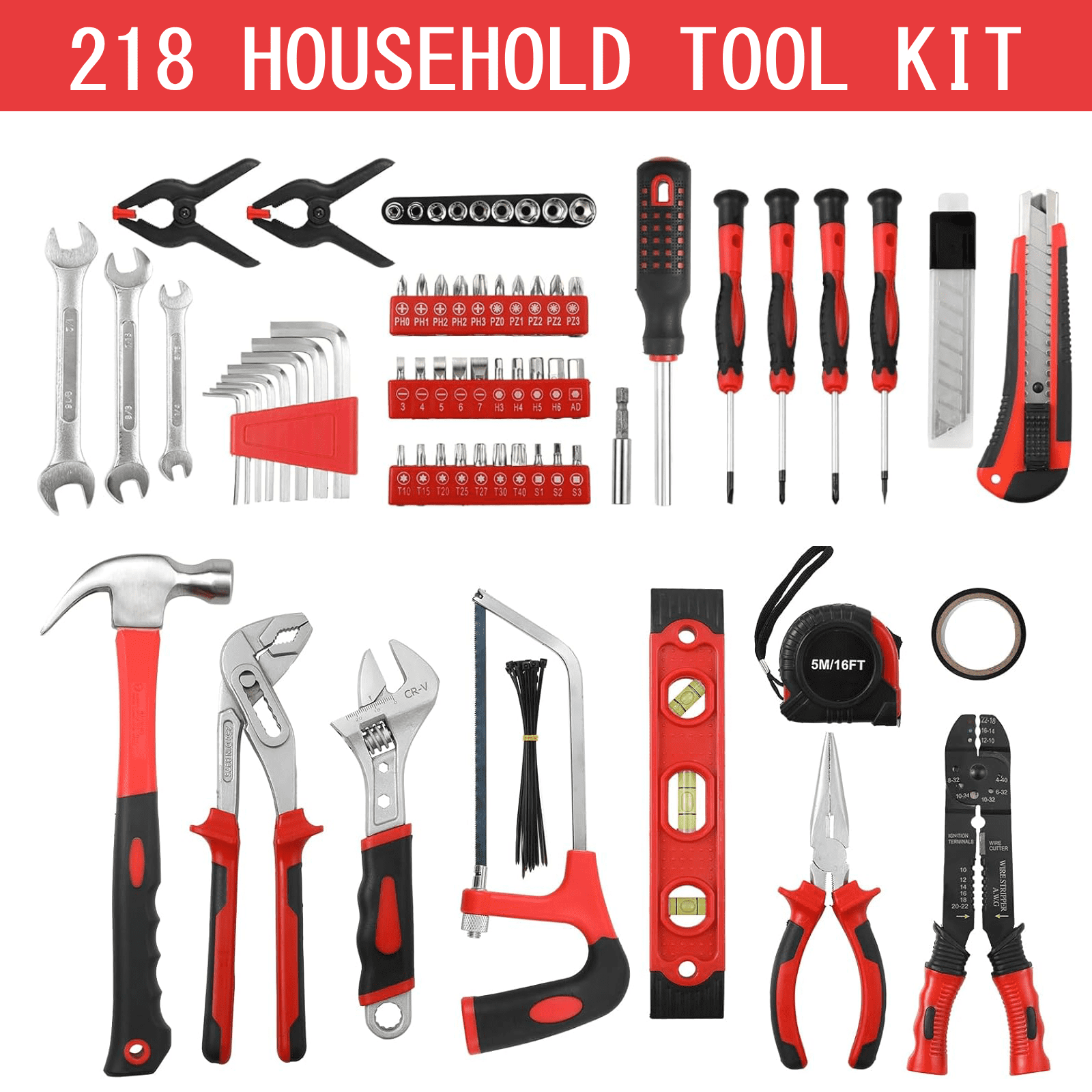 TLGREEN 218-Piece Household Tool Set, Mechanic Tool Kit with Saw, Wrenches,  Hammer, Pliers and Toolbox, for Home, Auto, Perfect for Gift (Red)