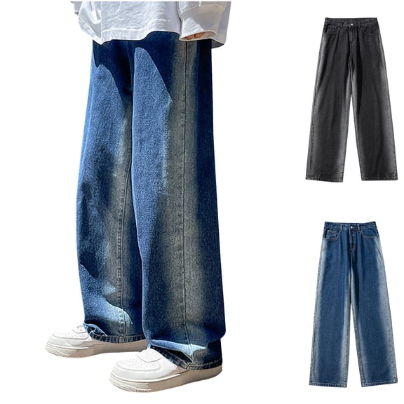 Isvgxsz New Jeans for Men Clearance Casual Comfort Waist Wide Leg Pants Men Multicolor Skin-Friendly Long Pants Pocket Button Front High Waist Mens Pants Under $20 Black Xxl