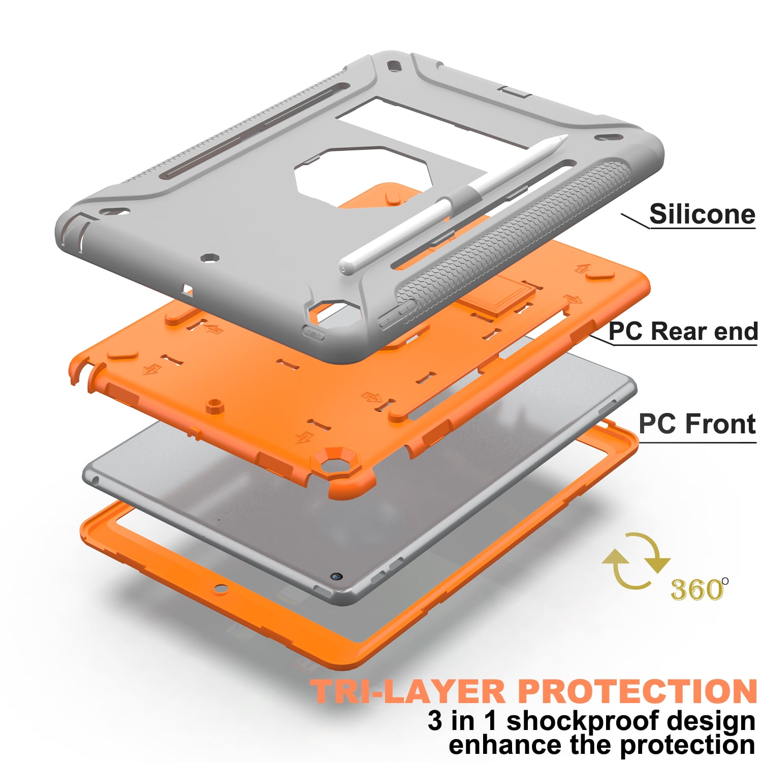 iPad Air 3 Case, iPad Pro 10.5 Case 2019/2017, Dual Layer Shockproof Lightweight Hybrid Rugged Kickstand Protective Cover with Pencil Holder, Gray/Orange