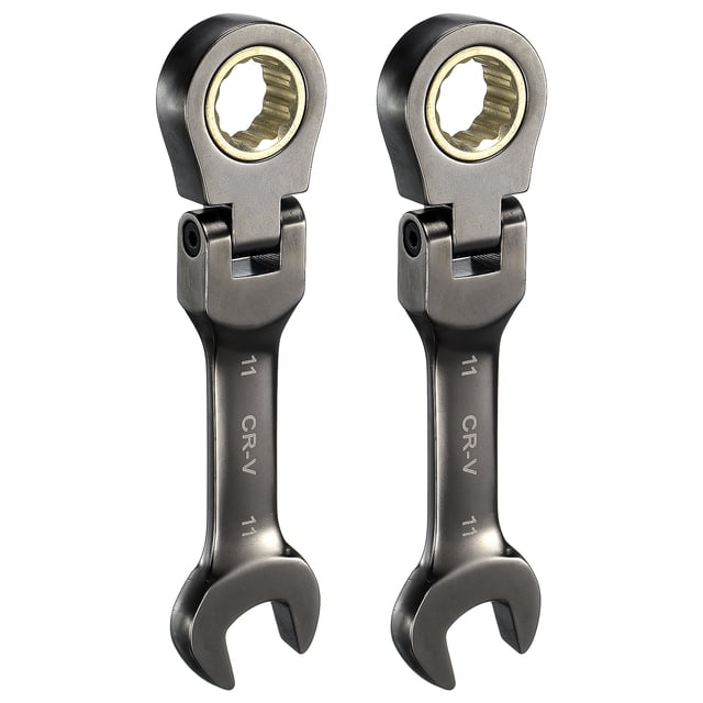Uxcell 2Pcs Flex Head Stubby Ratcheting Combination Wrench 11mm Métrico 72-Dientes Acero CR-V Niquelado