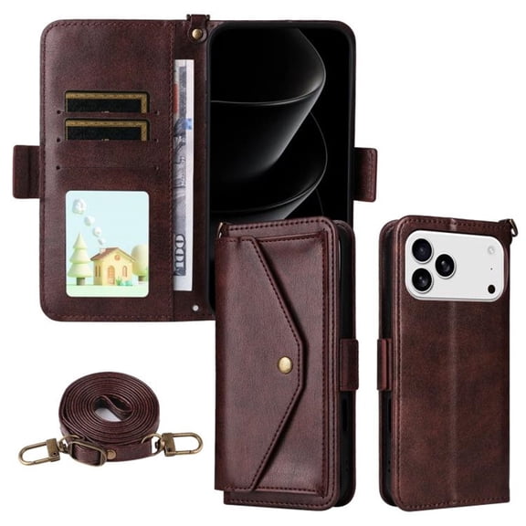 For iPhone 17 Pro Max Vintage Leather Wallet Case For Women Men Multi-Card Slots Hidden Button Pocket Detachable Shoulder Strap ,Shockproof Phone Case,Brown,For iPhone 17 Pro Max