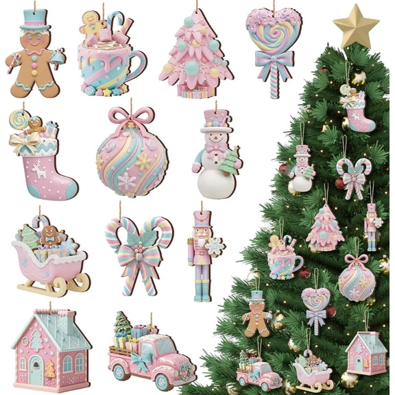 72 Pcs Pastel Christmas Wooden Ornaments Wooden Christmas Candy Hanging Decoration Pastel Gingerbread Nutcracker Truck Tree Decor Wood Crafts for Xmas Holiday Party Wall Supplies