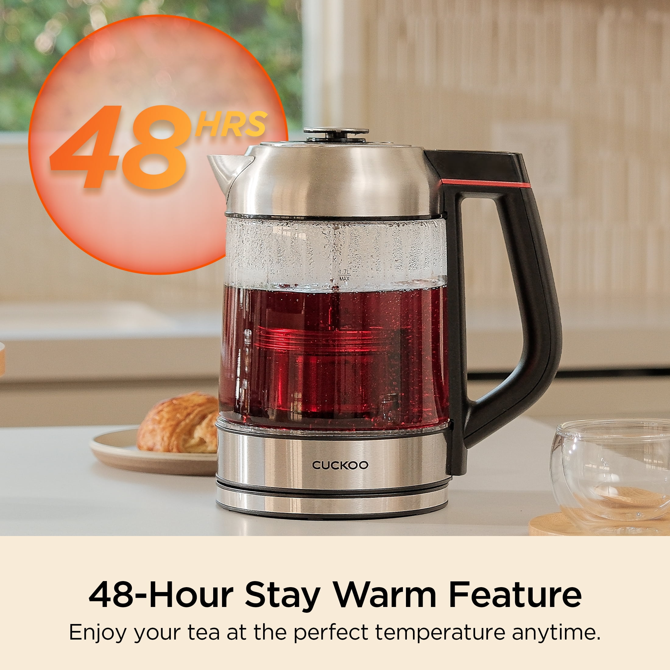 CUCKOO CK-G170BS Electric Glass Tea Kettle w/ Infuser, 7 Temperature Ranges, 1.7 L (Stainless Steel)