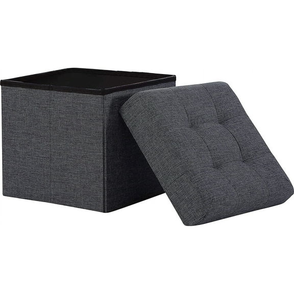 Ornavo Home Foldable Tufted Linen Storage Ottoman Cube Foot Rest Stool Seat - 15" x 15" (Black)