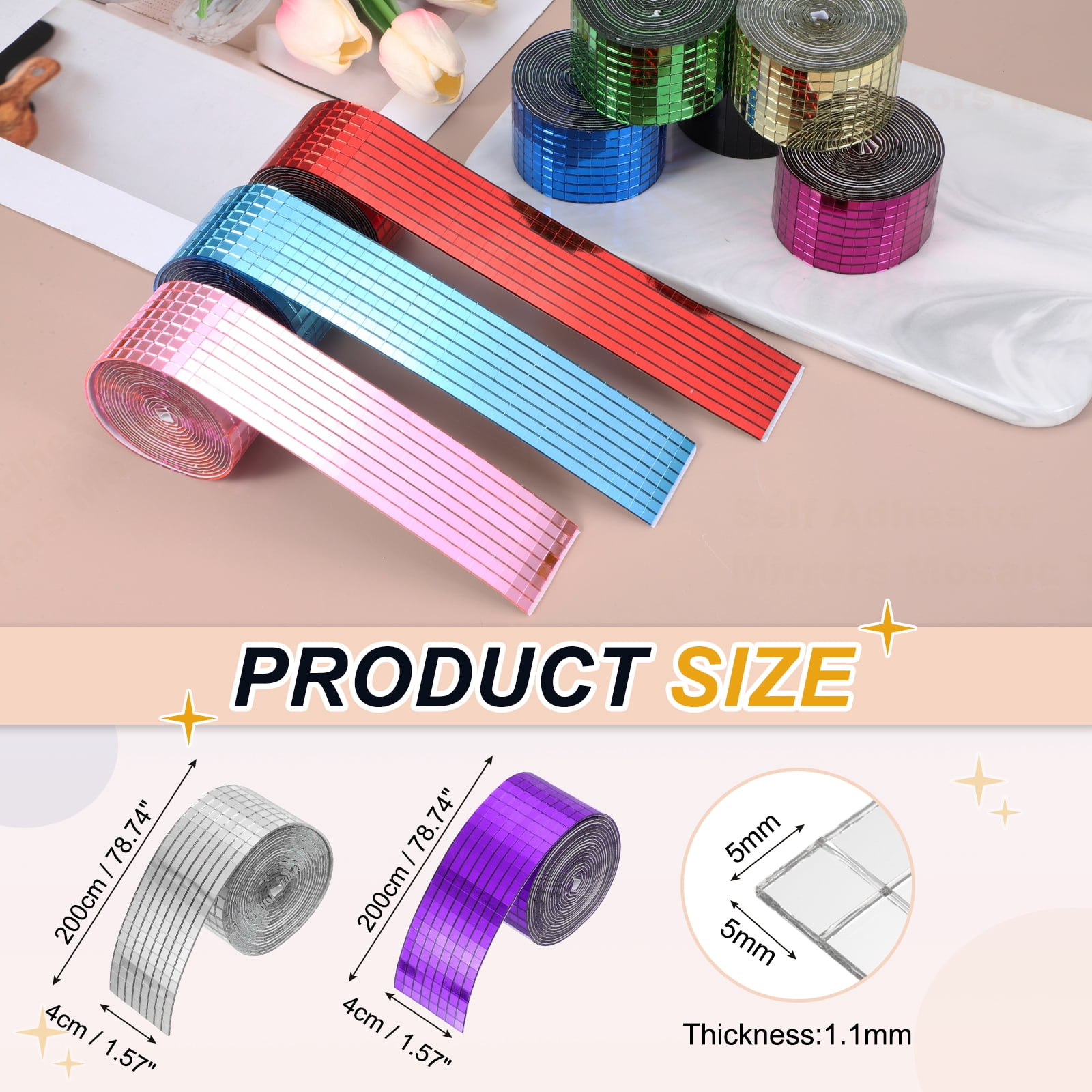 Uxcell 5x5mm Self Adhesive Mirrors Mosaic Tiles, 6400 Pcs Square Mini Glass Mosaic Disco Tile Sticker for DIY Craft Disco Ball Party Decoration, Purple Silver