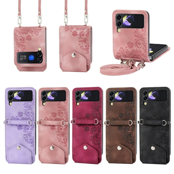 For Samsung Galaxy Z Flip3 5G Phone Case,Shockproof Luxury Leather Card Slot Cover,Flip Shoulder Strap Case Cover