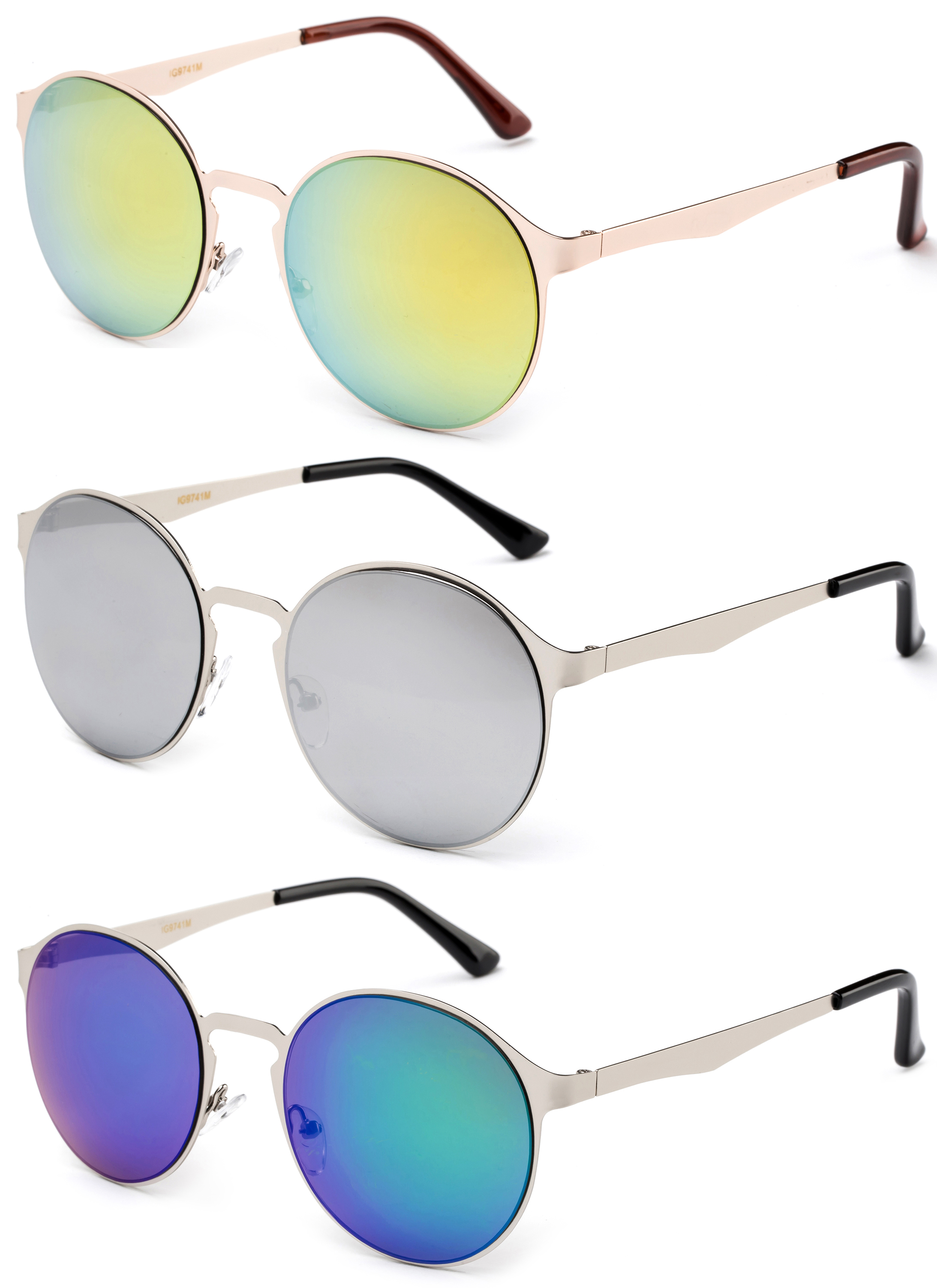 3 Pack Metal One Piece Round Frame Fashion Sunglasses for Men for Women, Flash Mirror - image 2 of 2