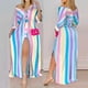 thumbnail image 2 of Vestido Casaul para mujer con cuello en V y media manga con estampado de rayas y botones con abertura Fridja qw4478, 2 of 7