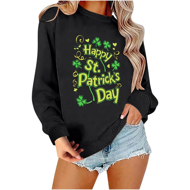VKOYWKM Chandails en Molleton Joyeuse Saint-Patrick pour Femmes Imprimé Lettre Drôle Chandail Chandails en Molleton Coupe Ample Manches Longues Col Rond Chandail Shrits Vert