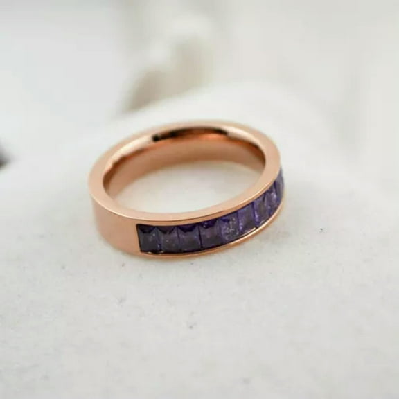 Purple/White/Black/Pink Crystal Cz Band Men Womens Titanium Steel Rose Gold Ring