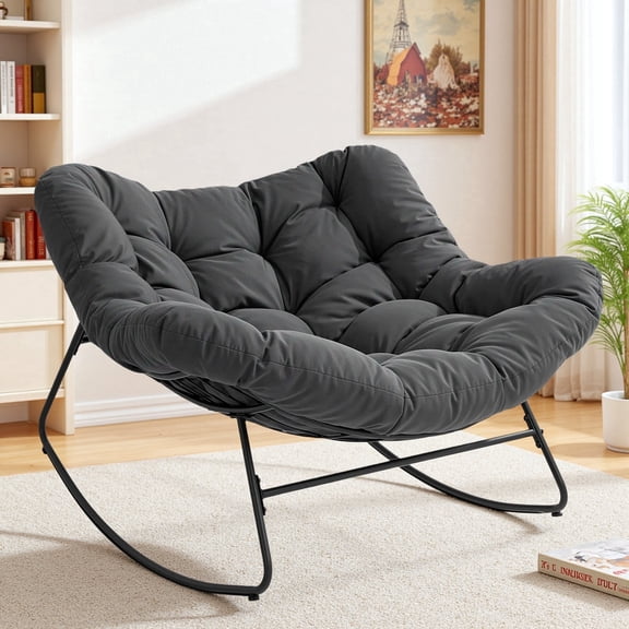 Dovov Indoor Rocking Chair with Thick Cushion, Oversized Papasan Rocker Chair Comfy Rocking Egg Chair Modern Lounge Seat Recliner Chair, Gray