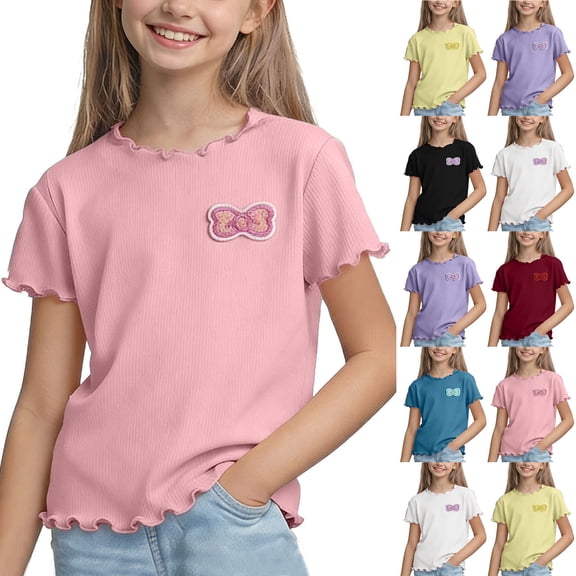 THDHVS Girls T Shirts,Ice Silk Ruffle Trim Round Neck Short Sleeve T-shirt Soft Breathable Casual Daily Wear for Girls,Shirts for Girls Blue 2-3 Years