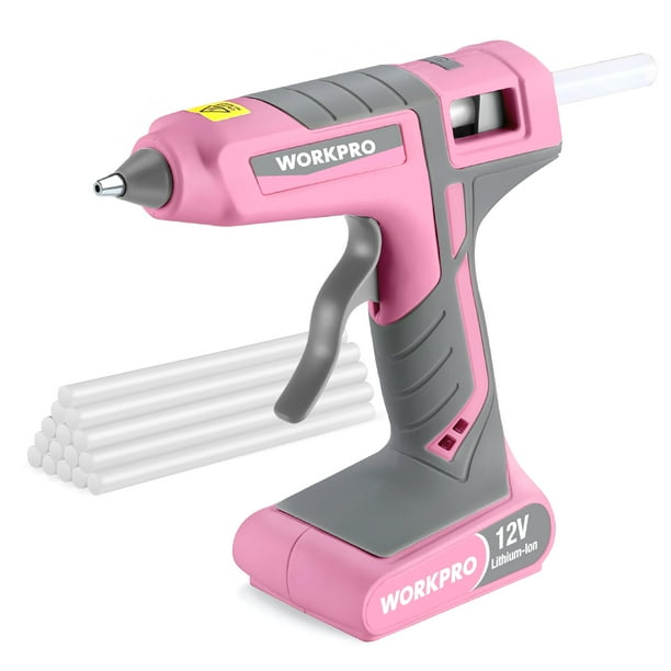 Pistola de pegamento termofusible inalámbrica WORKPRO 12 V recargable rosa