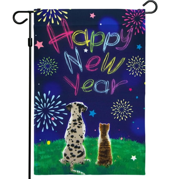 G128 12"x18" Happy New Year Garden Flag, Outdoor New Year Holiday Decorations - Dog Cat Fireworks