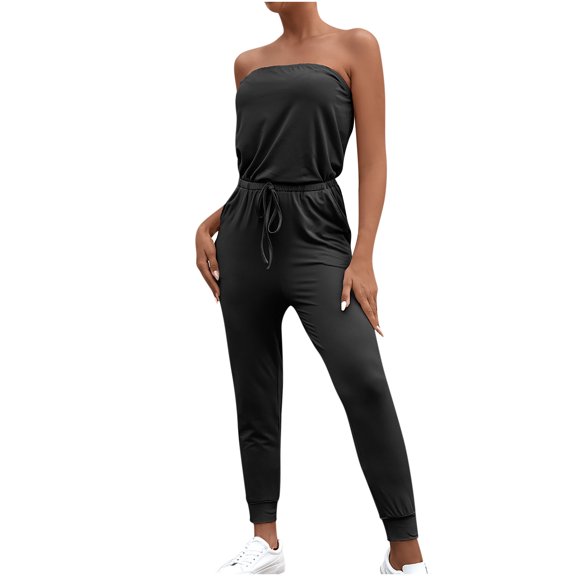 Honeeladyy Discount Women Summer Tube Top Jumpsuits Solid Color Sleeveless Bandage High Waist Tight Long Pants Rompers with Pocket