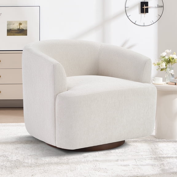 Bonzy Home Chenille 360° Swivel Barrel Accent Chair, Curved Armrest Reading Chair, Comfy Upholstered Round Lounge Chair for Living Room Bedroom Study, Beige