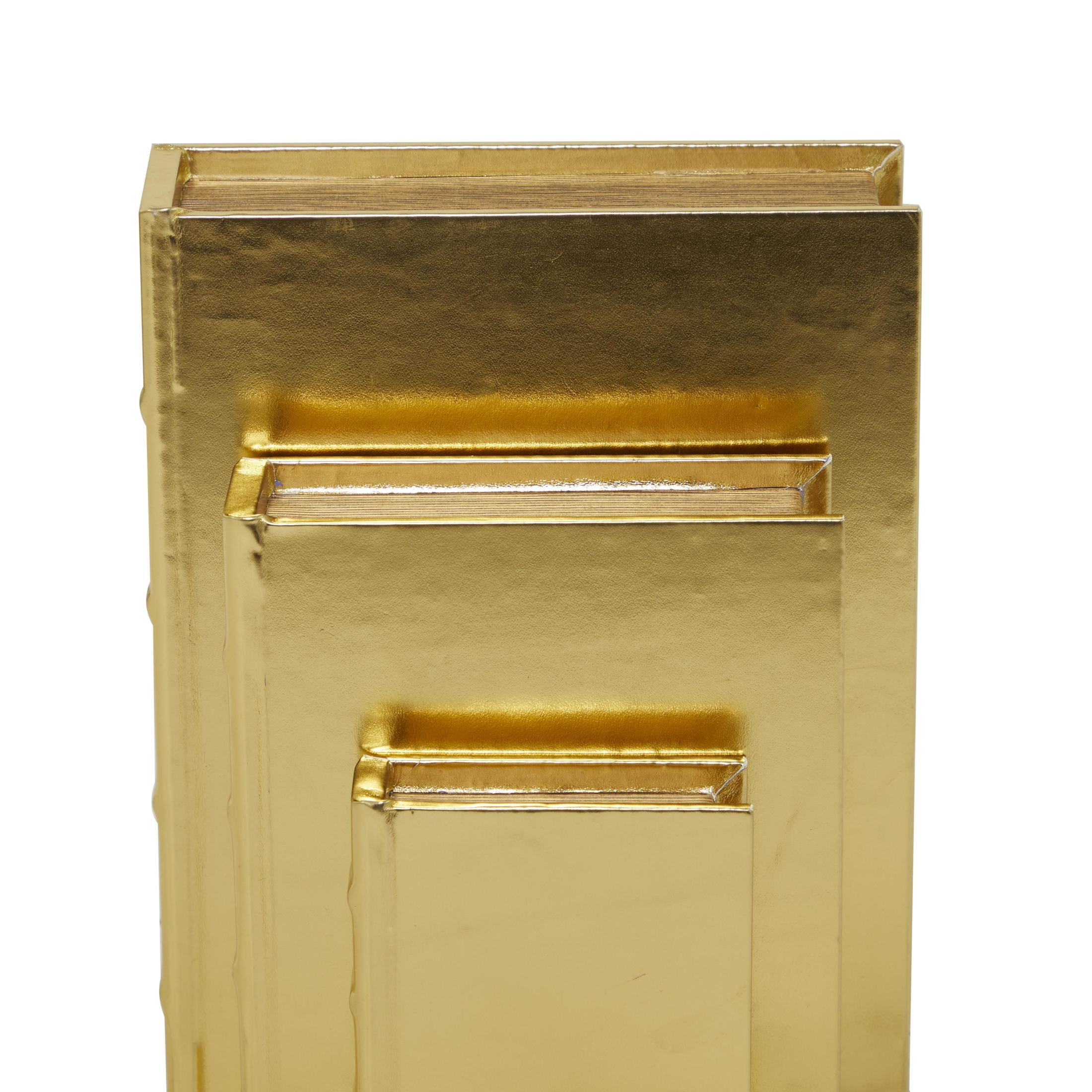 CosmoLiving by Cosmopolitan Metallic Book Storage Gold Faux Leather Decorative Box with Textured Spine, 3 Count