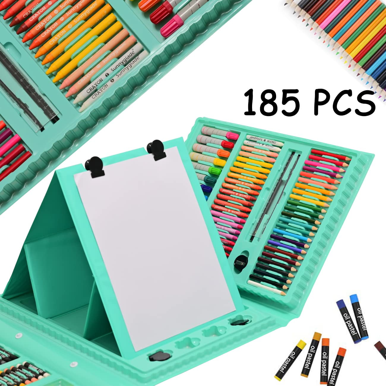 Bibana 185 Pieces Double Sided Trifold Easel Art Set, Drawing Art Box with Oil Pastels, Crayons, Colored Pencils, Markers, Paint Brush, Watercolor Cakes, Sketch Pad (Green)