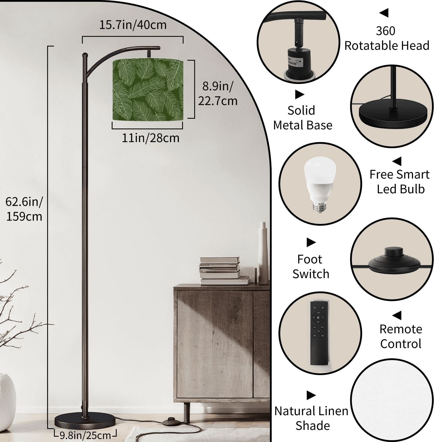 Arc Floor Lamp Luxury Nature green Floral Golden Tall Modern Standing Lamp LED Adjustable Linen Lampshade 3 Color Temperatures