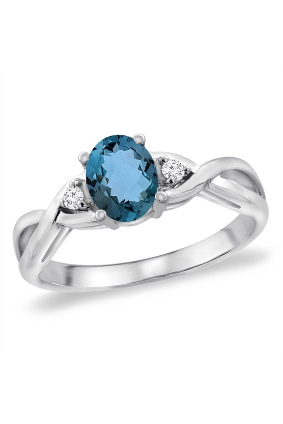 14K White Gold Diamond Natural London Blue Topaz Infinity Engagement Ring Oval 7x5 mm, size 9.5