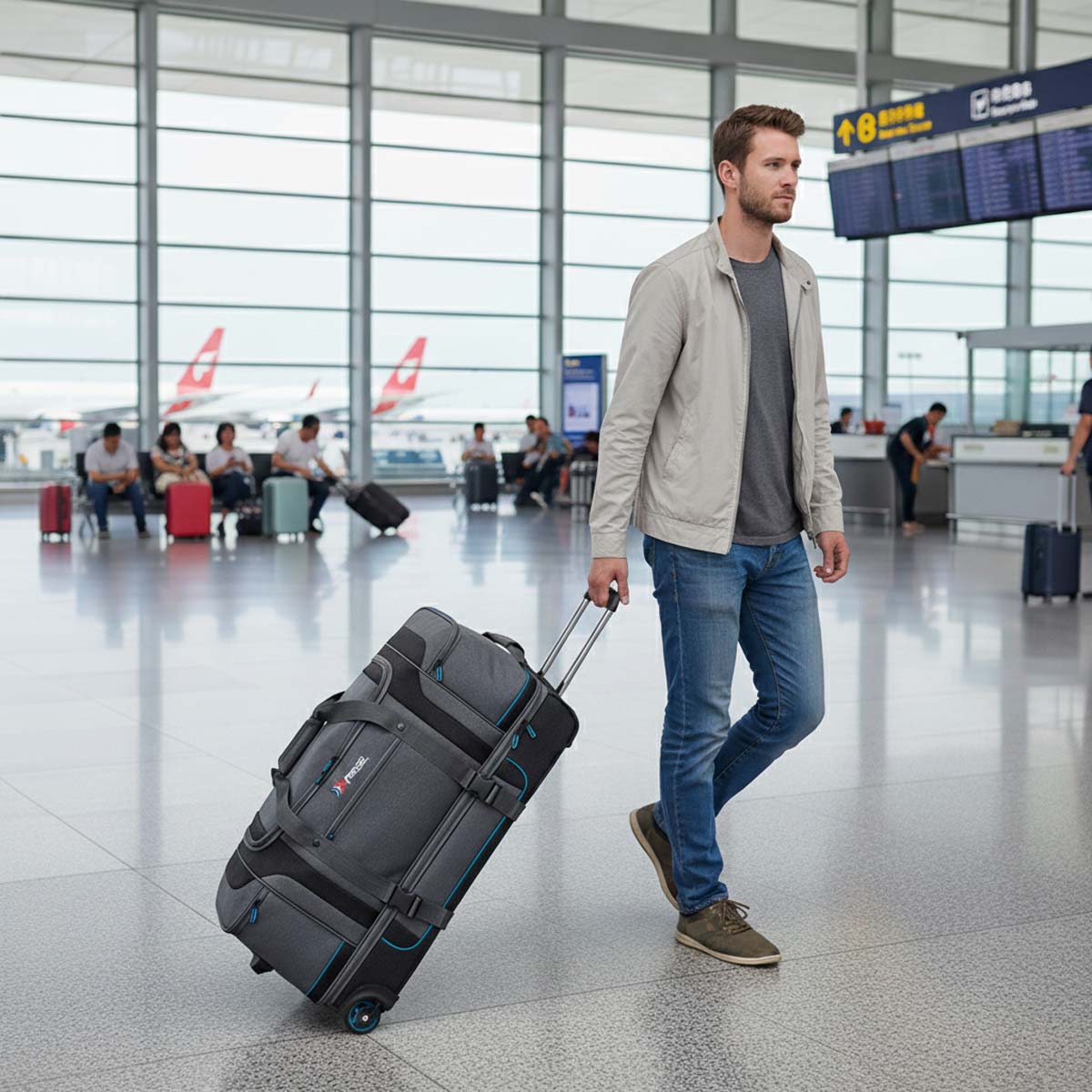 30 Inch Rolling Duffle Bag with Telescopic Handle, Wheeled Duffel Bag with Drop-Bottom,  Large Luggage Bags for Travel, Grey/Green, TBL074