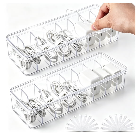 LU TANSHENG 2 Pack Clear Plastic Cord Storage Box with Lid, Removable Divider Desk Organizer for Stationery Small Supplies, Comes with 20 Cable Ties