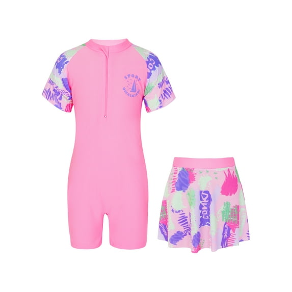 Alvivi Kids Girls One Piece Short Sleeve Rash Guard Swimsuit Surfing Swimwear Bathing Suit with Skirts Pink Graffiti 9-11