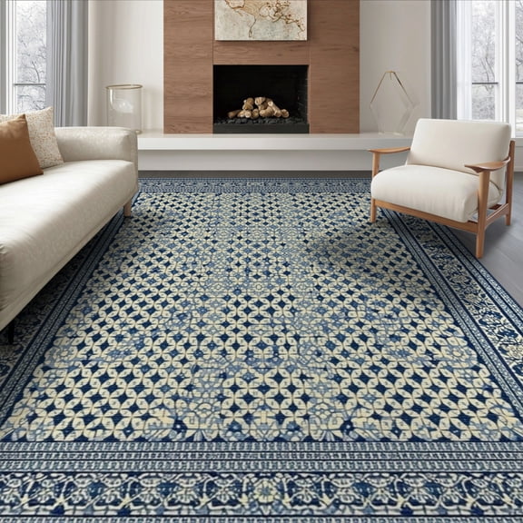 ODIKA 8'x10' Washable Area Rug Non-Shedding, Easy Care, Navy Trellis Quatrefoil Motifs Border Lattice Interlocking Medallions for King Size Bedroom Under Bed, Master Suite