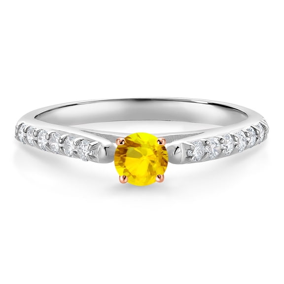 Gem Stone King 10K White and Rose Gold Yellow Sapphire and White Lab Grown Diamond Engagement Ring for Women (0.34 Cttw, Gemstone September Birthstone, Round 3.5MM, Size 5)