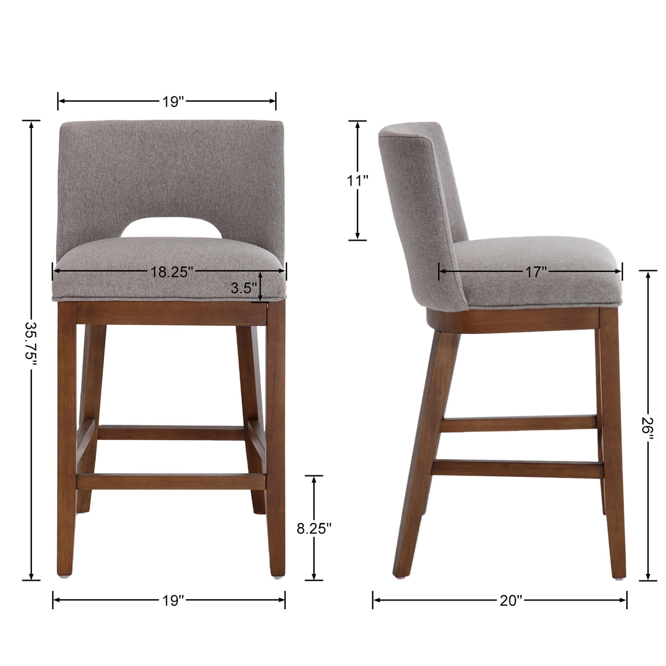 Guyou Linen Bar Stools Set of 2, 26" Modern Counter Height Barstools, Farmhouse Wooden Kitchen Island Chairs with Open Back for Restaurant Kitchen Bar, Grey