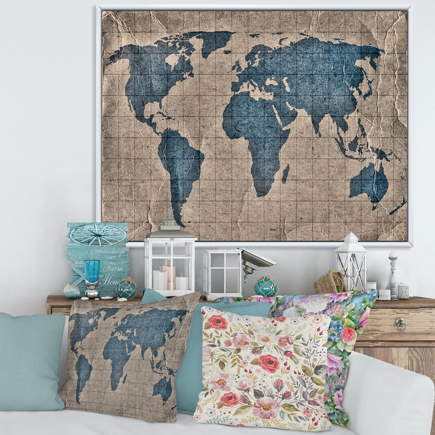 Designart Ancient Map of The World I FLOAT FRAME WALL ART